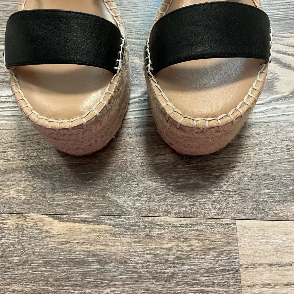 Antonio Melani Bayshore Leather Black Tan Strappy Wedge Platform Sandal 10